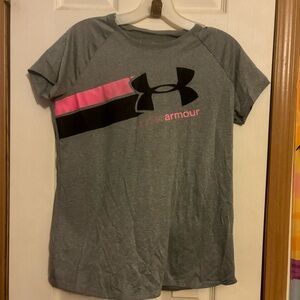 Grey Under Armour Logo T-Shirt with Pink and Black Graphic - YXL/Women’s Small